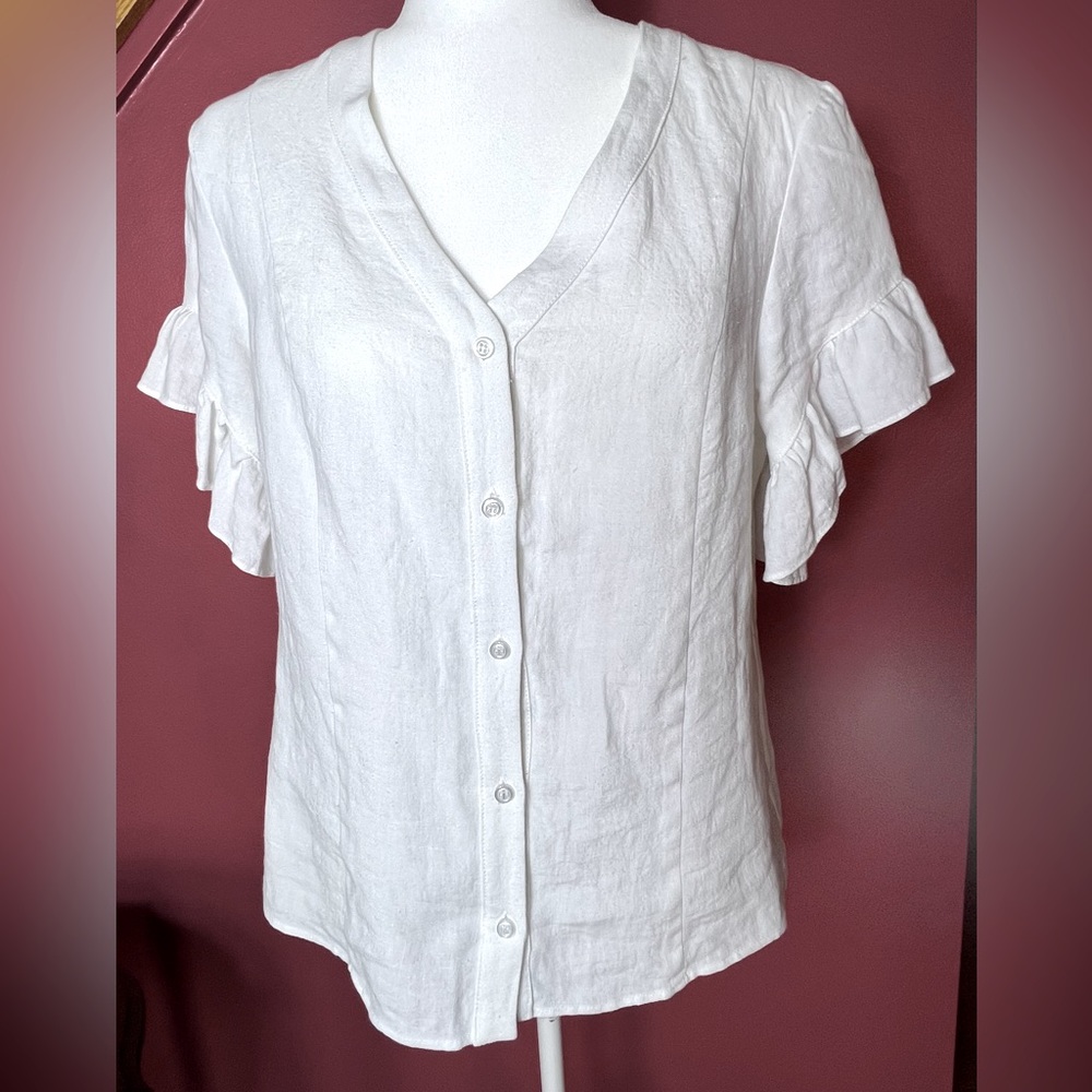 Drew Beverly White Linen Short Sleeve Top, Size Medium, NWT - Picture 1 of 12